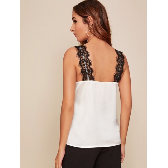 Contrast Lace Detail Cami White Satin Top - Picture 3 of 8
